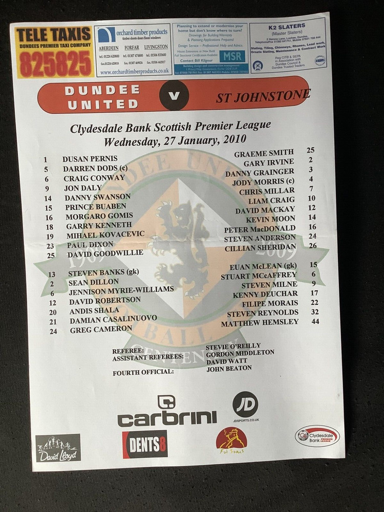 2009/0 Dundee Utd v St Johnstone January teamsheet