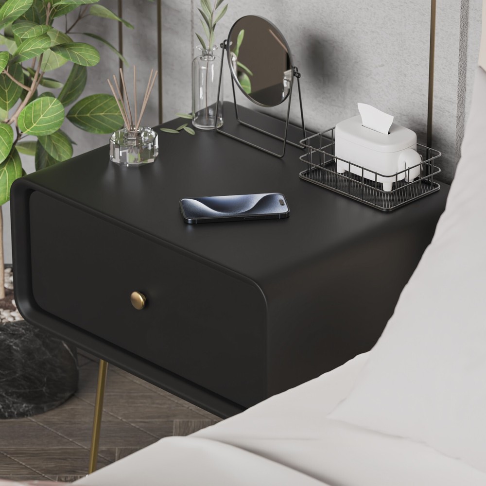 Black single drawer solid wood bedside table easy to install and convenient