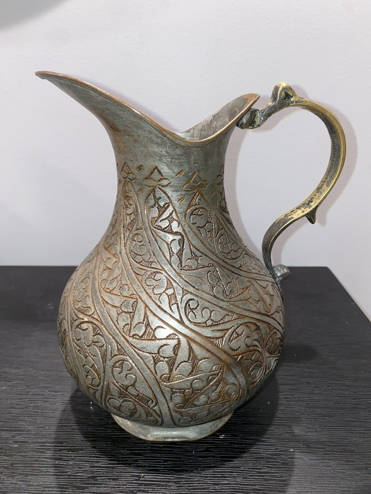 Antique Hand Crafted Etched Copper Tone Middle Eastern Pitcher