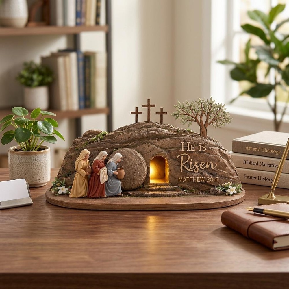 Empty Tomb Easter Wooden Sign, He Is Risen Cross Shelf Decor Gift