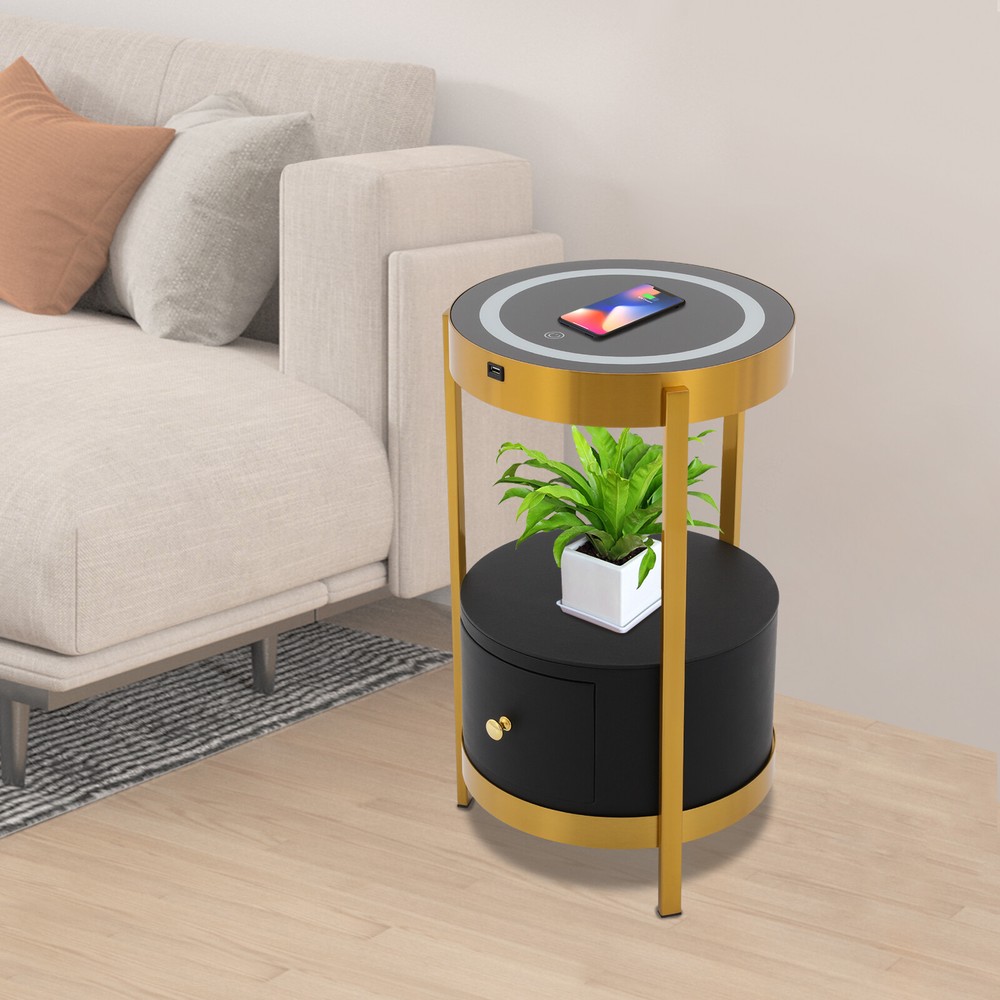 Smart Led Bedside Table Nightstand Sofa Round End Table w/ Drawer Bedroom 110V