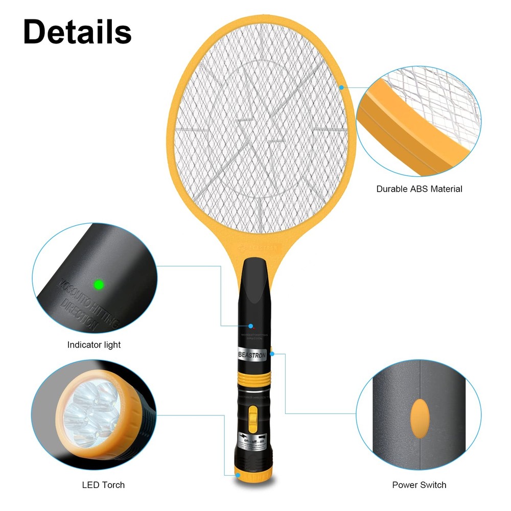 3000V USB Rechargeable Bug Zapper Fly Swatter with LED Torch, Yellow, Large