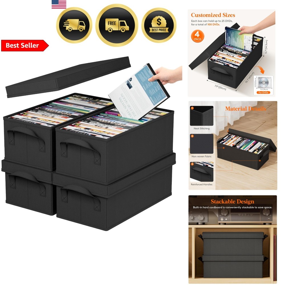 DVD Storage Box Organizer 4 Pack Stackable Foldable DVD Cases Holder