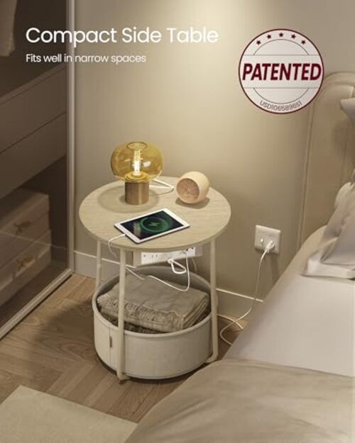 LILEA Collection - Side Table with Charging Without LED light Cream White