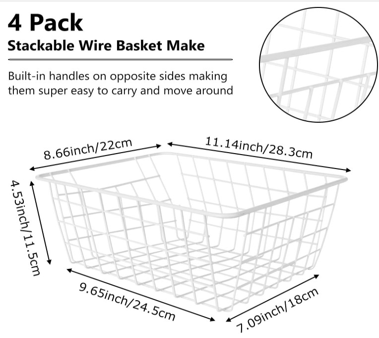 4 Pack Stackable Wire Baskets for Deep Freezer & Pantry Organization