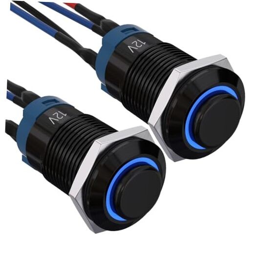 12mm Latching Push Button Switch SPST Pre 150mm Pre-wired Black Shell-Blue