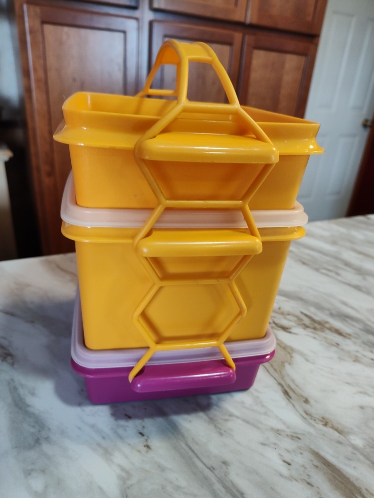Vintage Tupperware Square Away Stacking Lunch Set W/ Handle Maize Yellow Sun 7PC