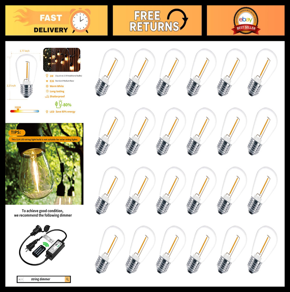24 Pack LED S14 Replacement Bulbs, Shatterproof Waterproof, 2200K Warm White, E2