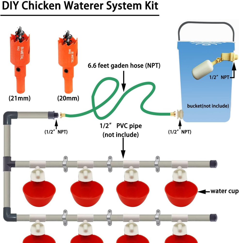 Automatic Chicken Waterer System, Chicken Waterer Cups and 1/2" PVC Pipe Accesso