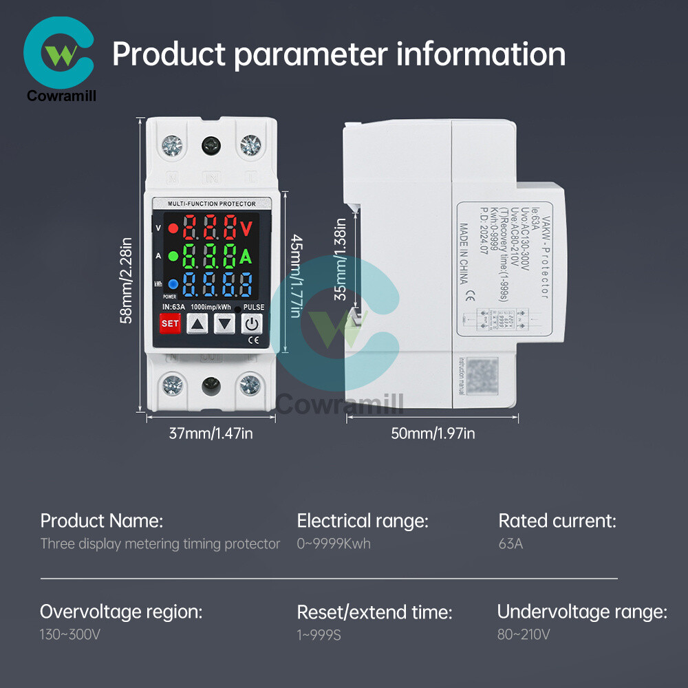 35mm Rail Self-Reclosing Voltage Current Power Meter KWh Voltmeter Ammeter 63A