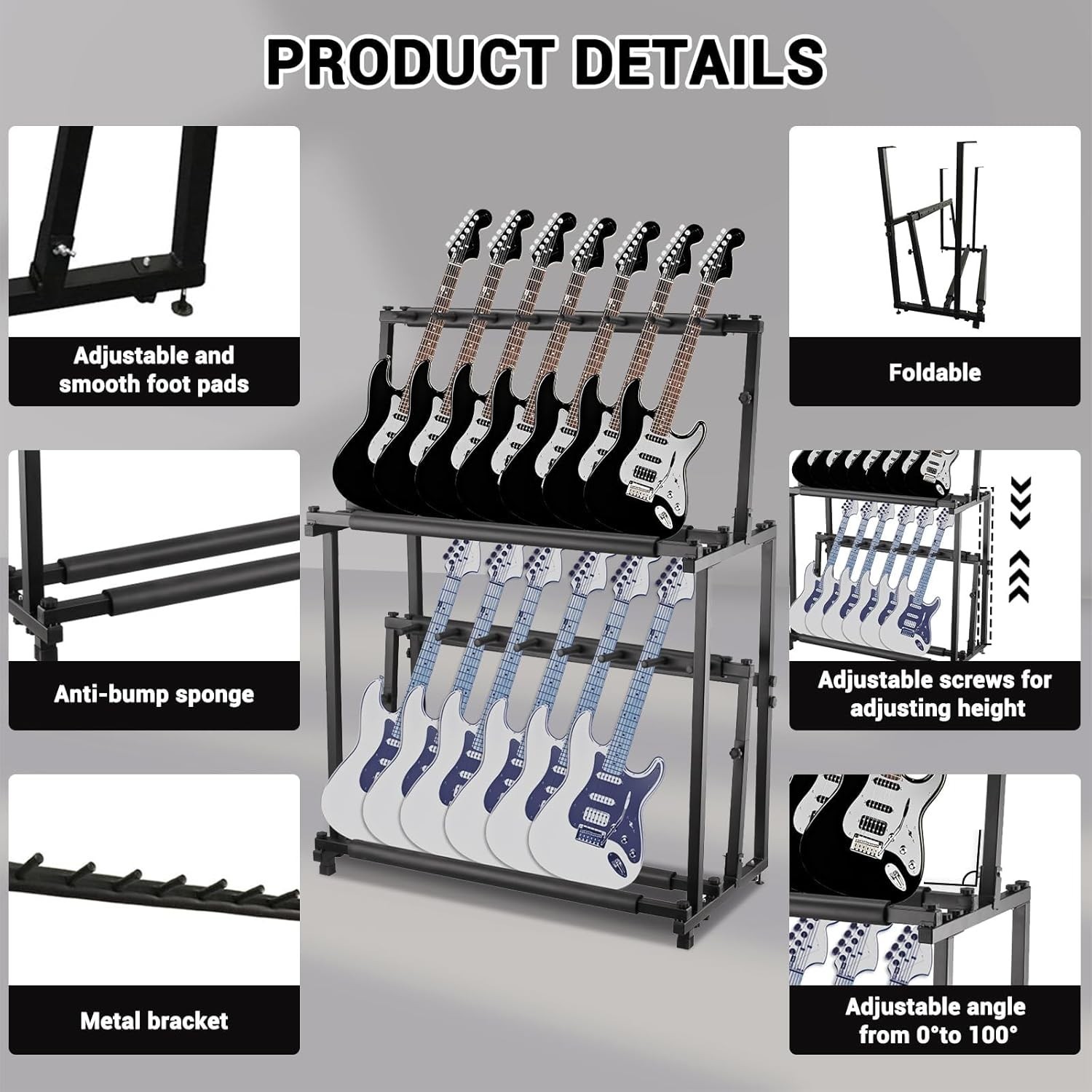 Multi Guitar Stand Folding 14 Standing Floor Multiple Guitars Display Rack Adjus