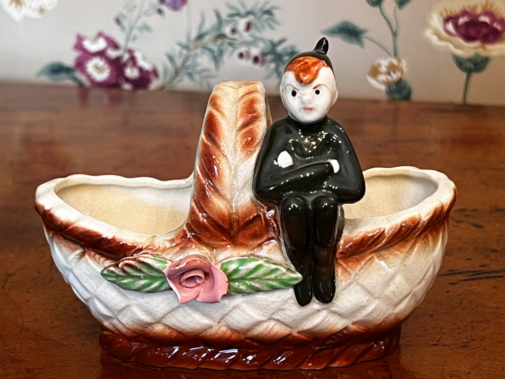 Vintage MCM Springtime Pixie Elf Ceramic Basket Planter Japan