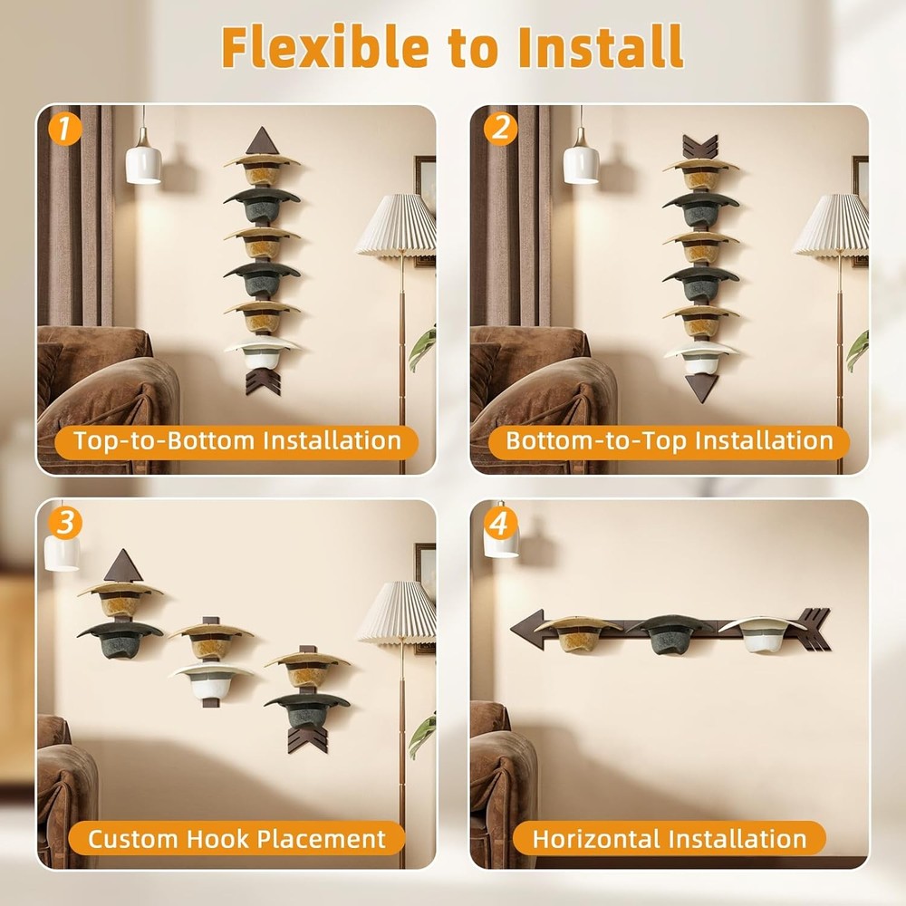 Cowboy Hat Rack Wall Mount, Solid Wood Arrow Design 6 Pieces, Walnut