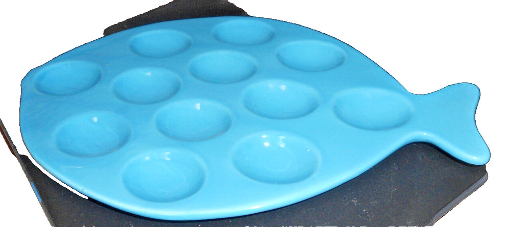 BOSTON WAREHOUSE Deviled Egg Platter Turquoise Fish Design 8 x 14 inches.