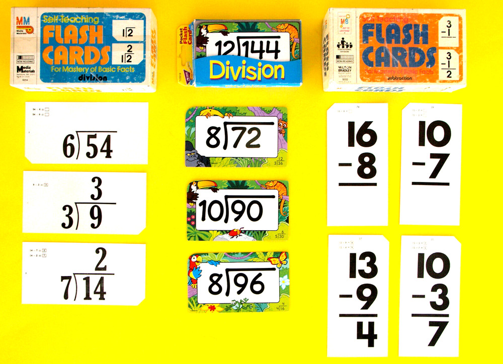 3 MATH FLASH CARDS—SUBTRACT + DIVISION—BASIC FACTS—COLORFUL—STORAGE BOXES