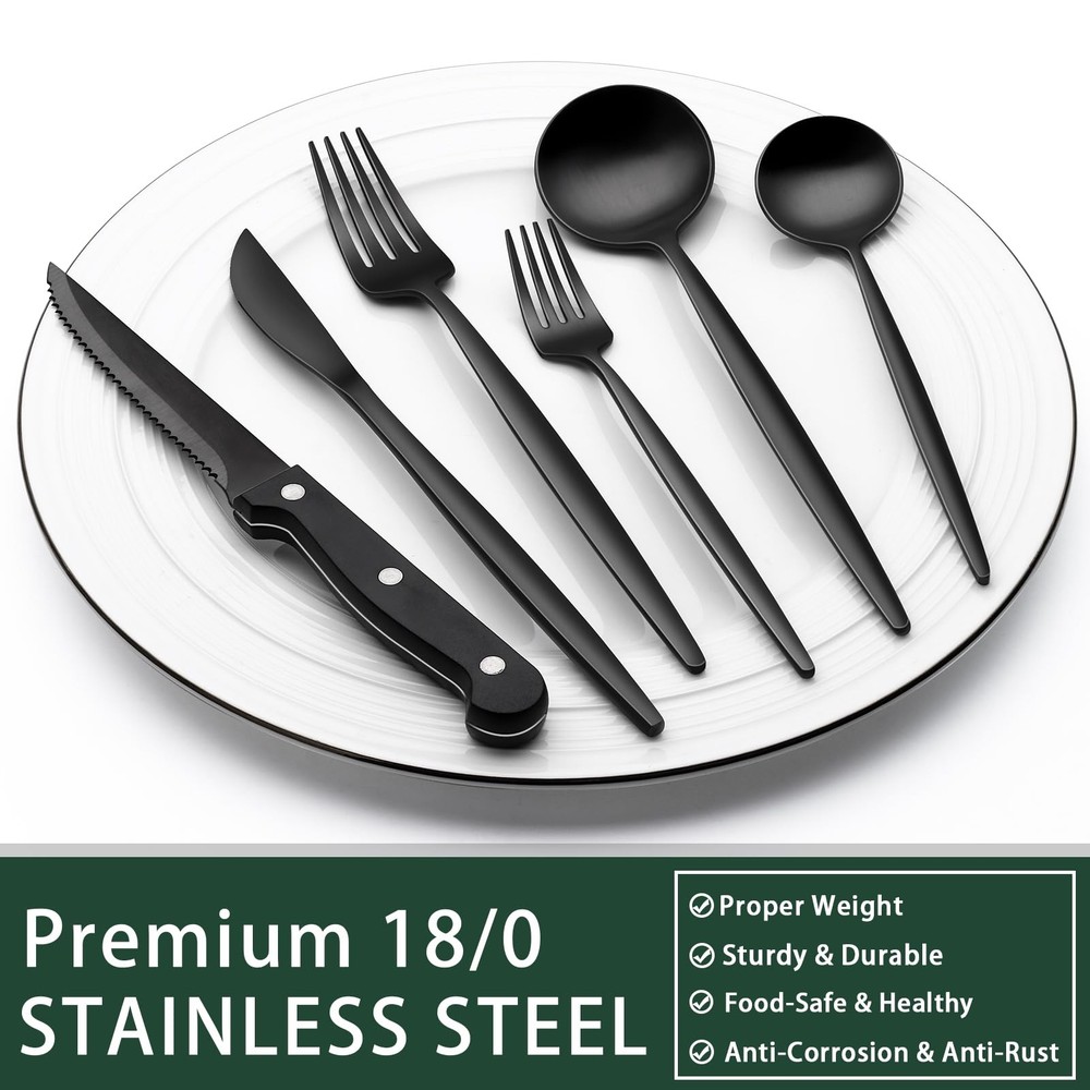 EWFEN 24-Piece Black Silverware Set with Steak Knives, Flatware