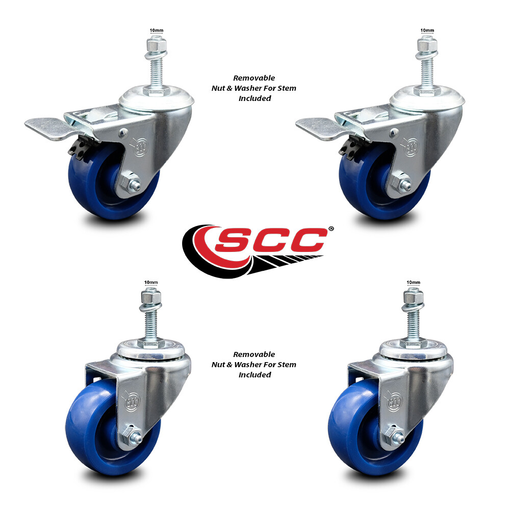 3 Inch Solid Polyurethane Swivel 10mm Stem Caster Set 2 Total Lock Brake SCC
