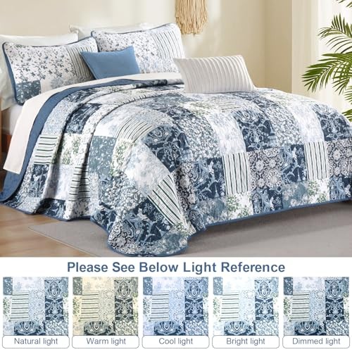 Patchwork Quilt Set Size Plaid Reversible Bedspread Coverlet Set 3 King Blue