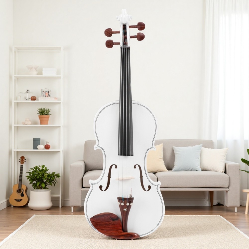 4/4 Solid Spruce Top Acoustic Beginner Violin Set - Tuner, White, Shoulder Rest