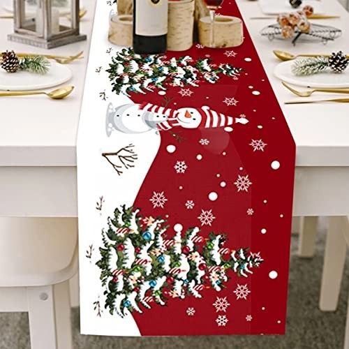 Christmas Table Runner, Snowflake Snowman Rustic Red Table Runners for