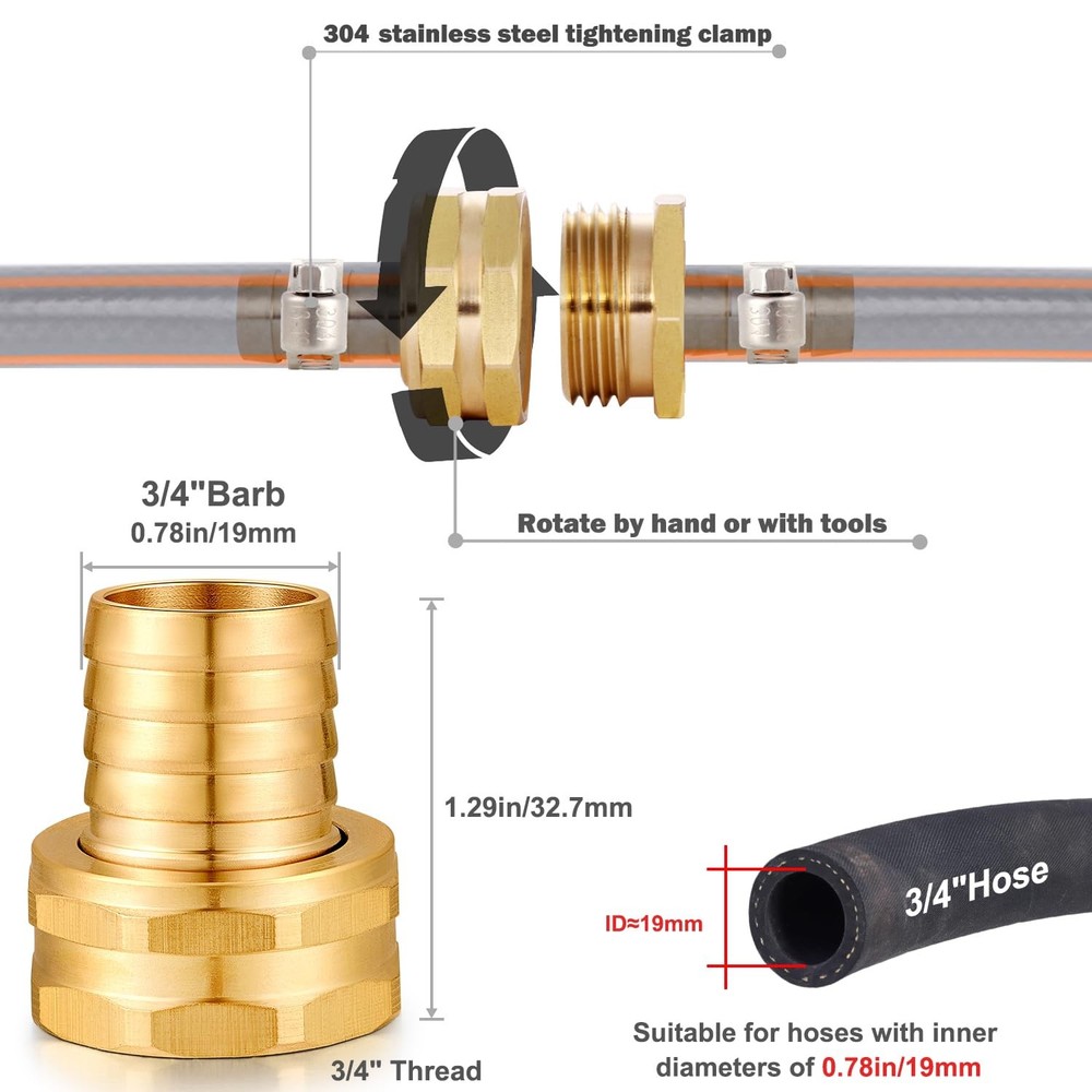 Garden Hose Fitting, Solid Brass Swivel Adapter, 3/4 Inch, 2 Pcs, Gold