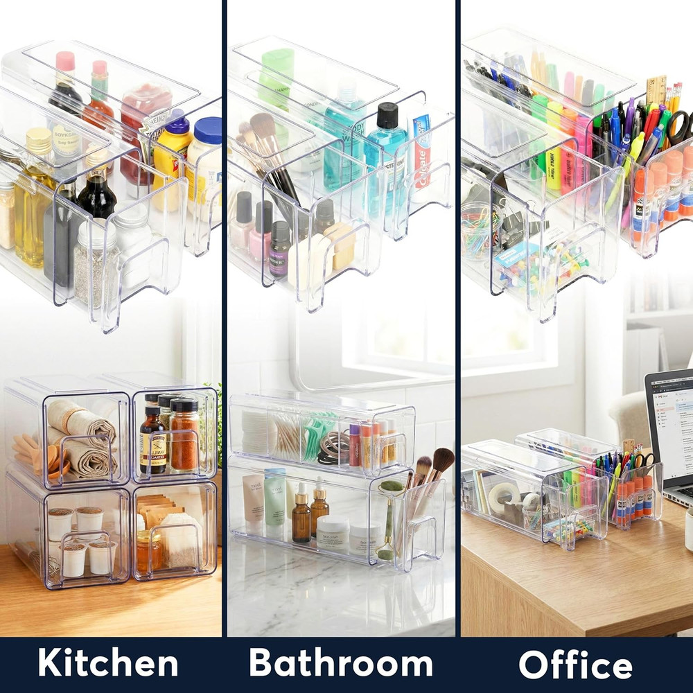 Medium Clear Stackable Storage Drawers 4-Pack Plastic Organizer Bins with Handle