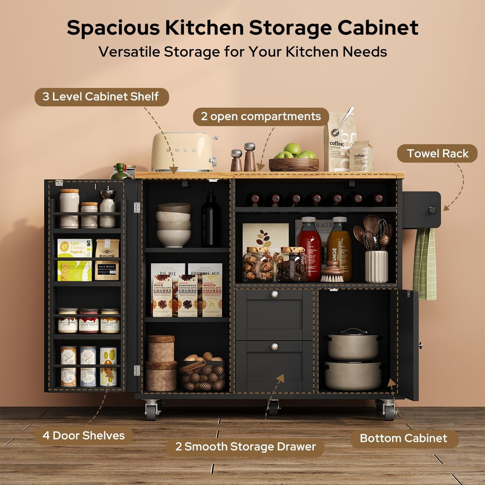 Portable Rolling Kitchen Island with Storage, Drop Leaf Countertop, Black