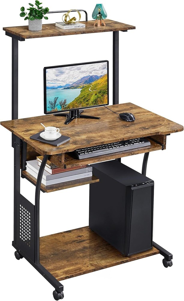 Yaheetech 3 Tiers Rolling Computer Desk with Keyboard Tray and Printer Shelf