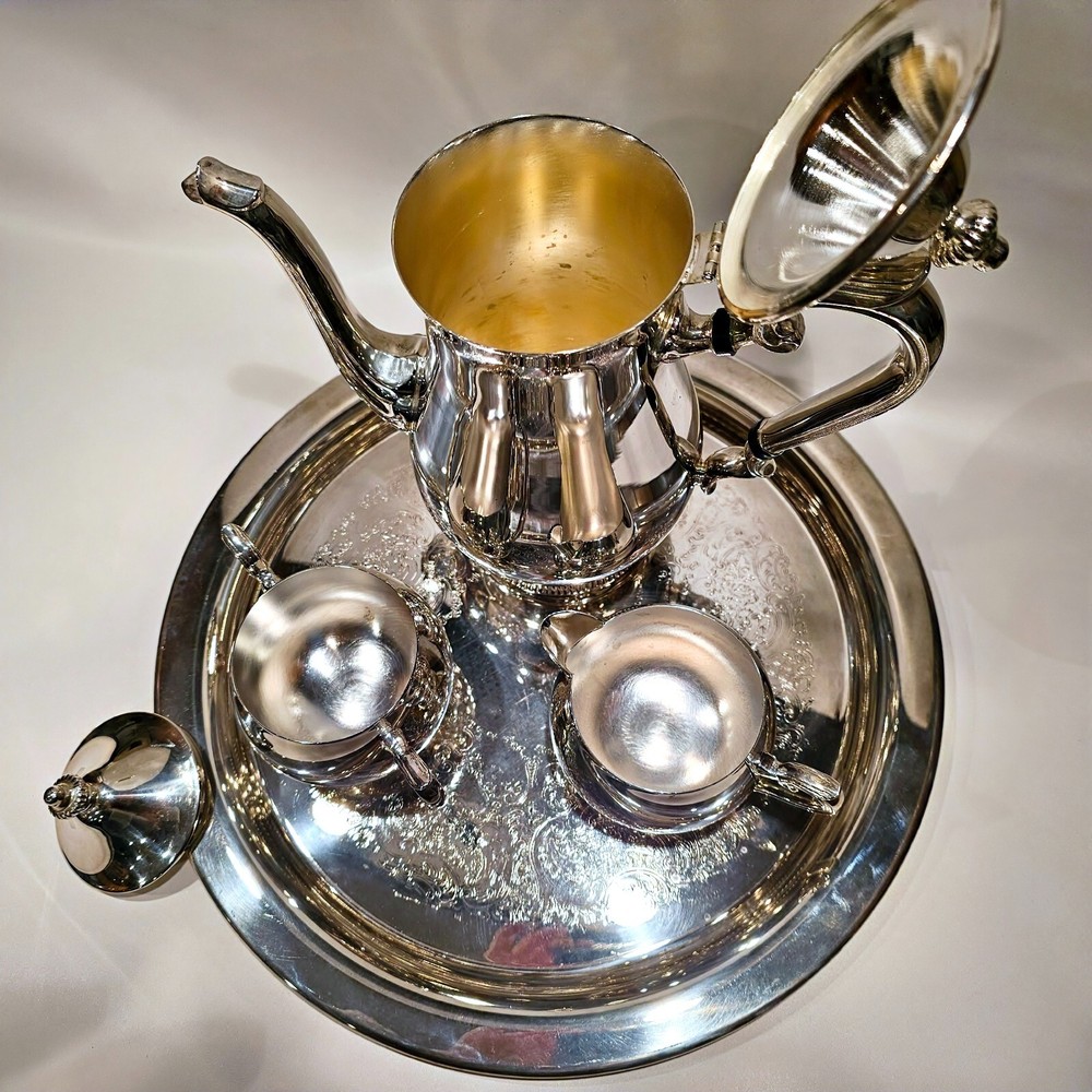 Reed & Barton S2600 Silver Plate Coffee Pot Creamer Sugar Bowl Lid Set with Tray