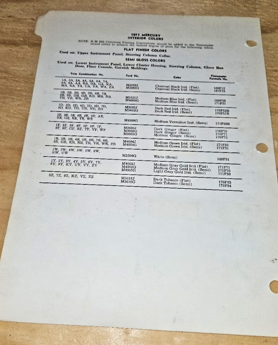 1971 Mercury Color Paint Chips chip codes RM cougar comet marquis montego chips