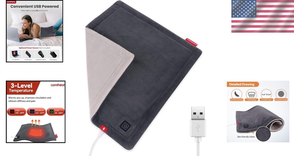 Lightweight USB Plug-In Heating Pad - Versatile 12"x12" Design with 3 Settings