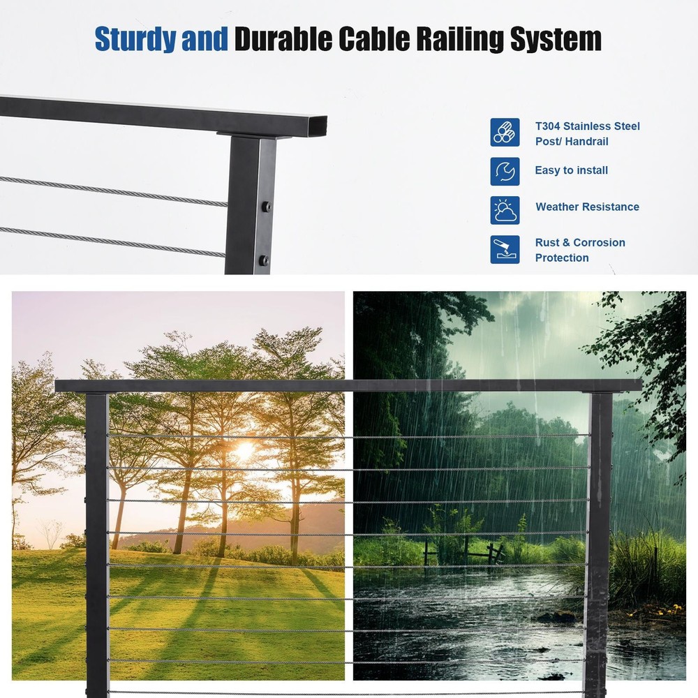 4.6'42" Stainless Steel Handrail Black Rectangular Top Rail Cable Railing System