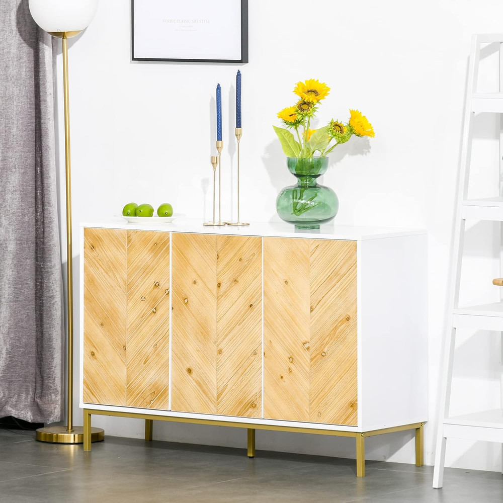Chevron Sideboard Buffet Cabinet with Adjustable Shelf & Metal Legs