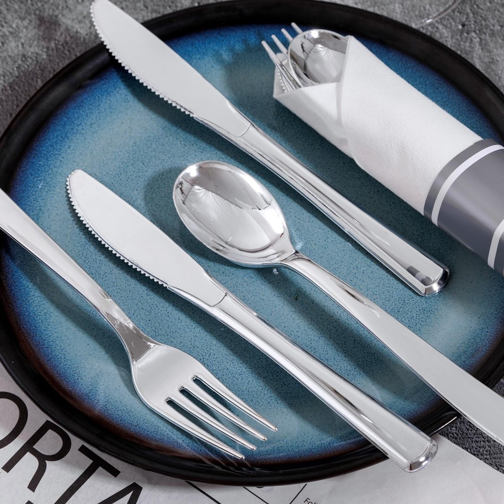 400PCS Pre Rolled Silver Plastic Silverware Sets - Heavy Duty Silver Cutlery ...