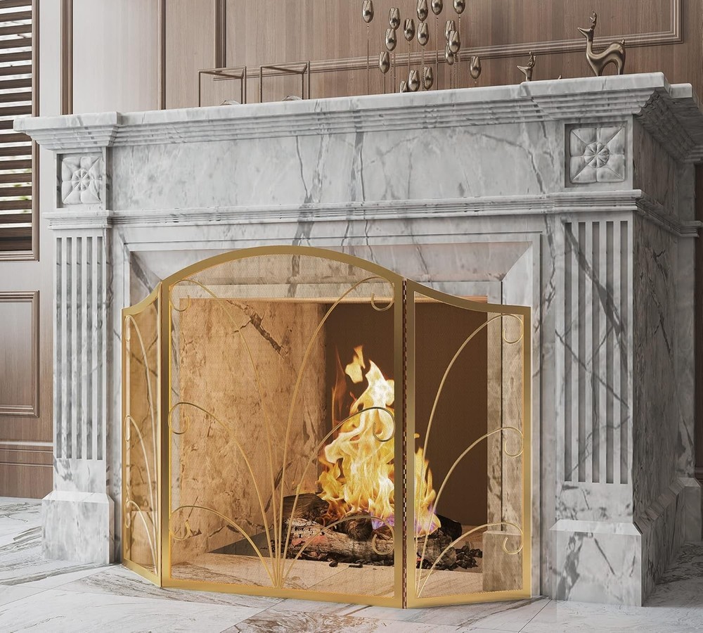 3-Panel Arched Fireplace Screen Decorative Handcrafted Scroll Wrought Iron
