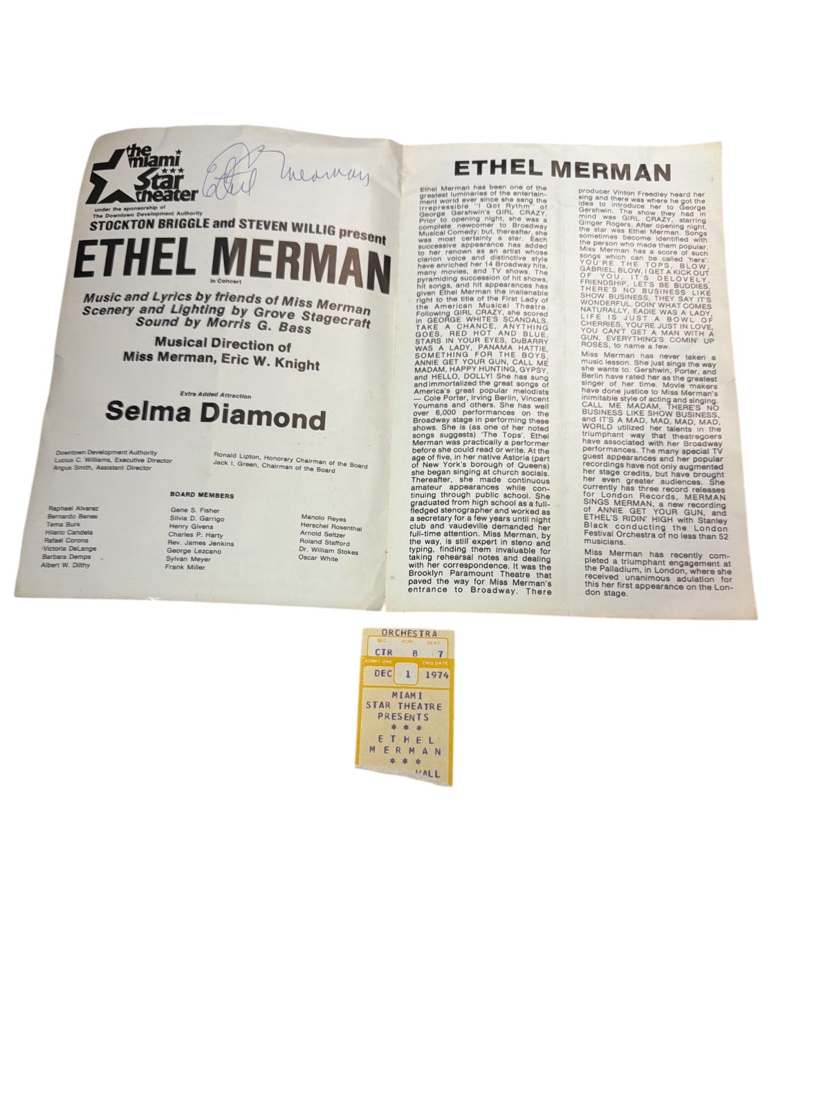 Signed Ethel Merman 1974 Miami Concert Program + Ticket Stub