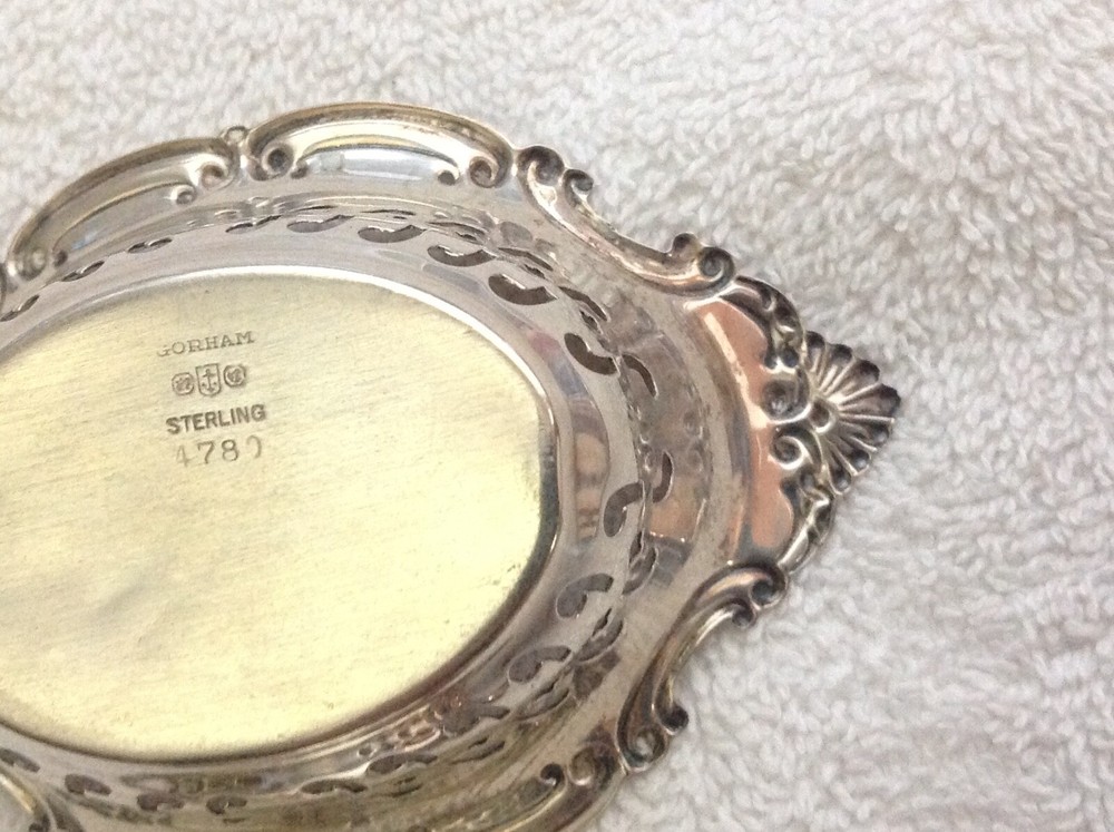 4 GORHAM STERLING SILVER PIERCED NUT BOWL DISH, ONE MONOGRAMMED