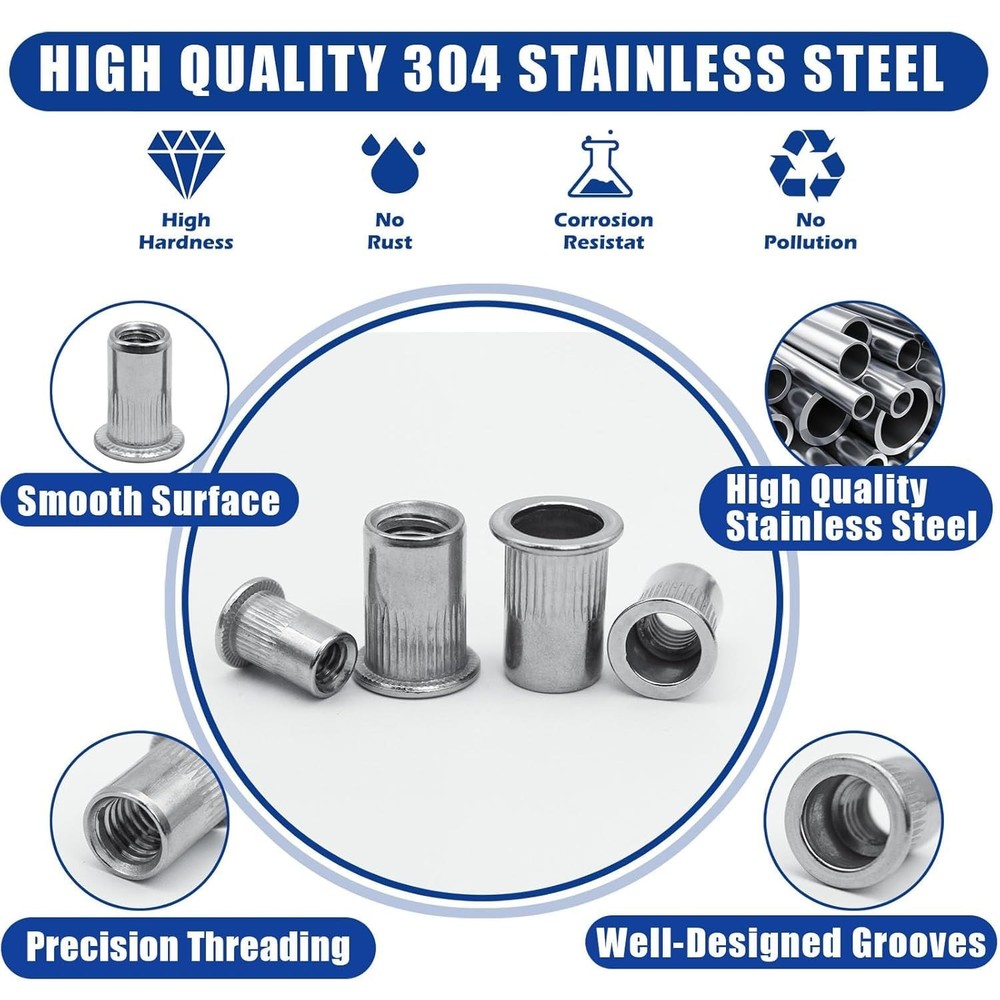 80Pcs M6 Rivet Nuts, Stainless Steel Flat Head Threaded Insert Nutserts