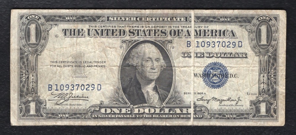 1935-A $1 ONE DOLLAR SILVER CERTIFICATE CURRENCY NOTE “GUTTER FOLD ERROR”