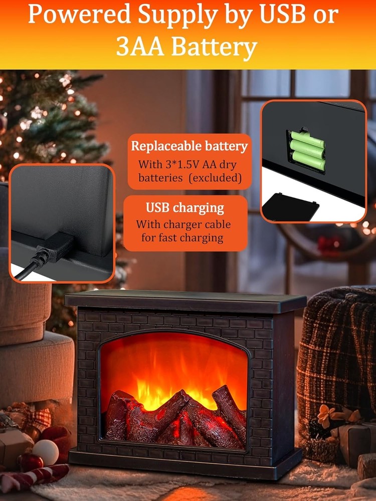 Electric Fireplace Lantern with Realistic LED Flame Effect, USB Battery Powered,