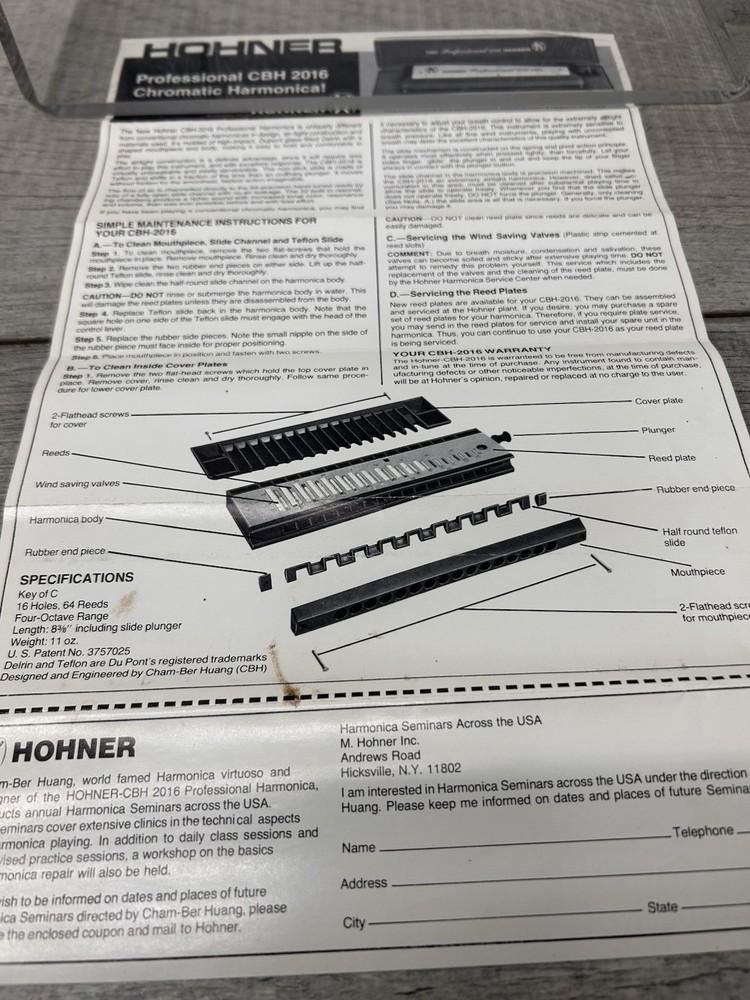 Hohner Professional 2016 CBH Chromatic Harmonica with Case & Manual