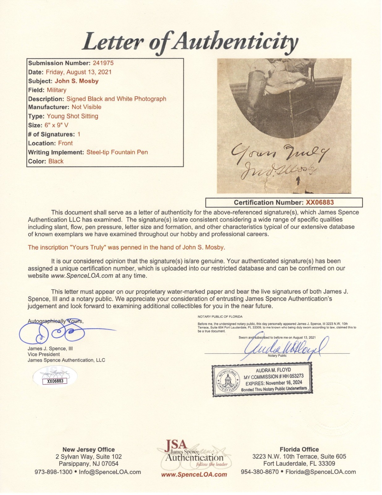 John S. Mosby - Photograph Signed - In Uniform - CSA "The Gray Ghost" - JSA LOA