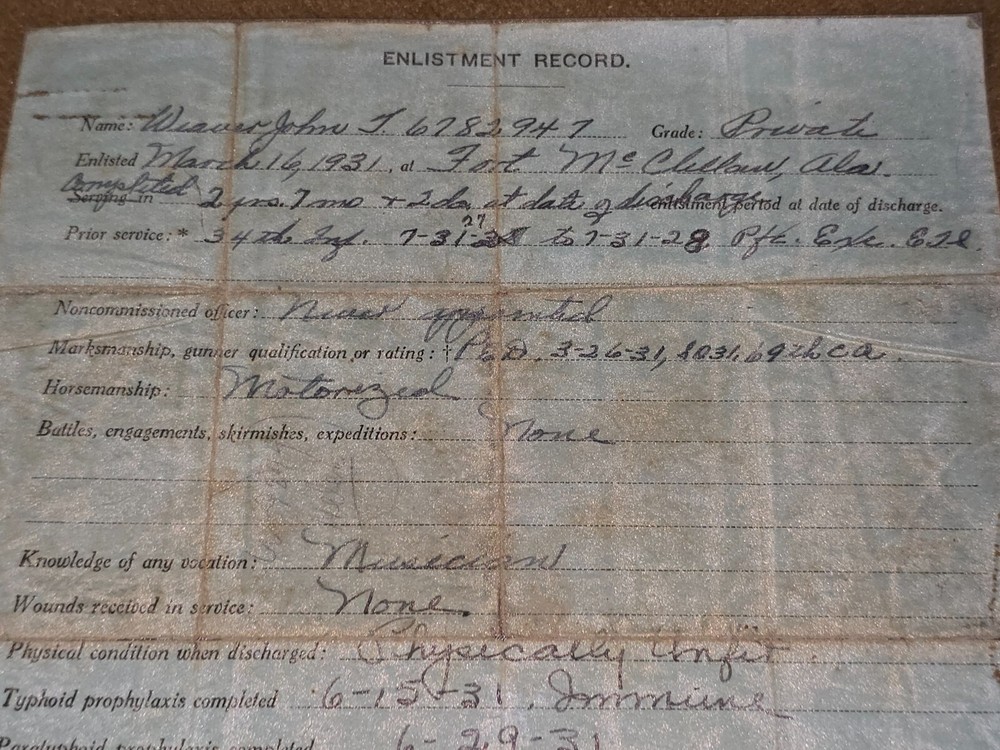 Interwar US Army Discharge Document for John Weaver Dated 1935