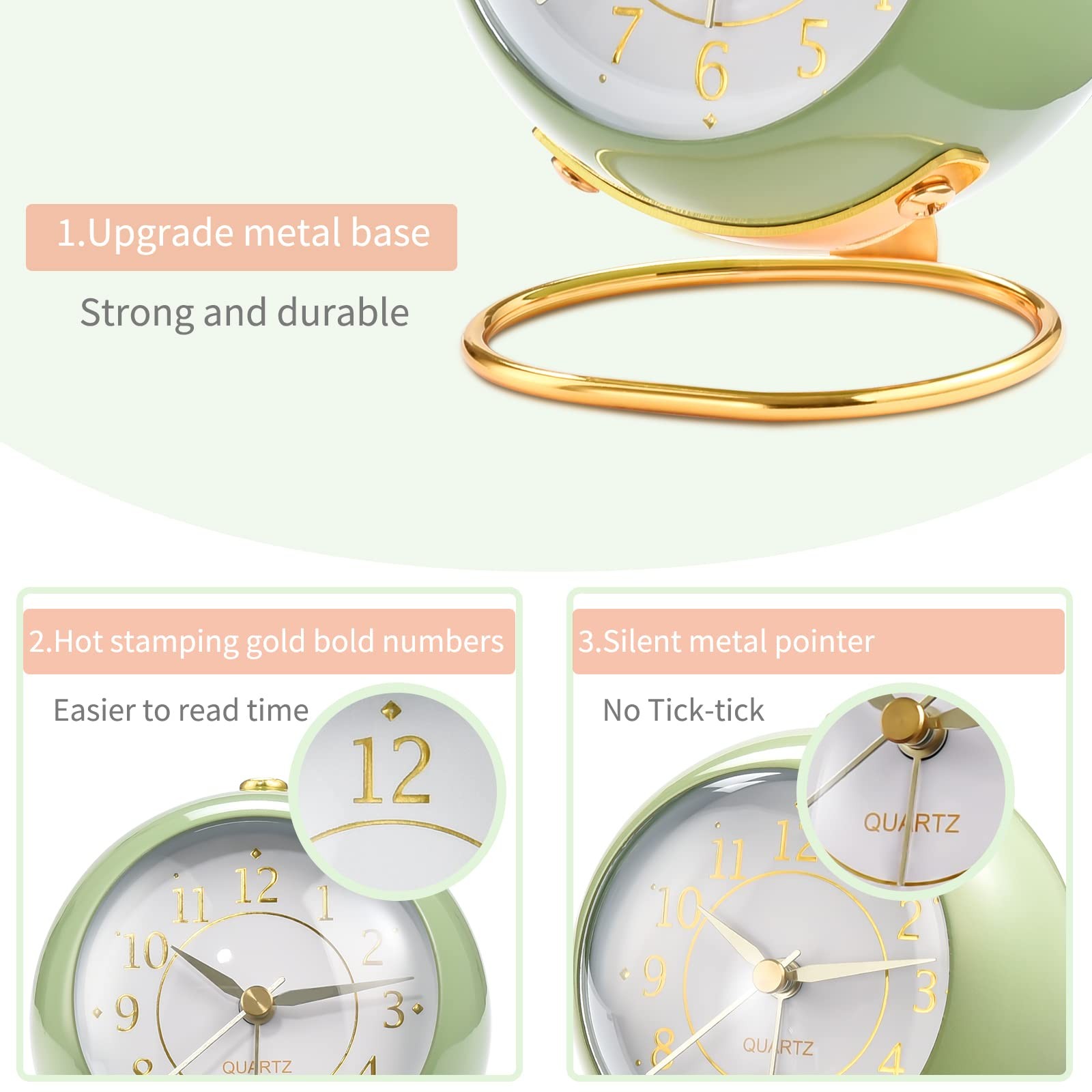 Retro Analog Alarm Clock Silent Non Ticking Night Light Desk Clock Green