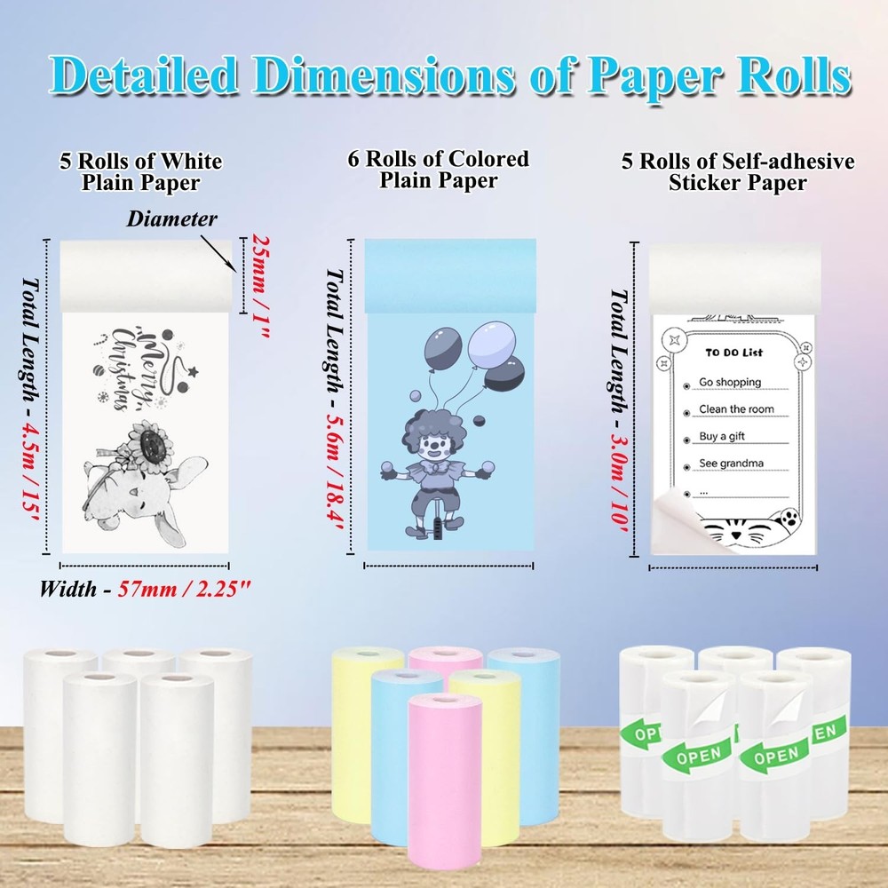16 Rolls Mini Printer Paper, Including 5 White Sticker, 6 Colored Plain, and ...