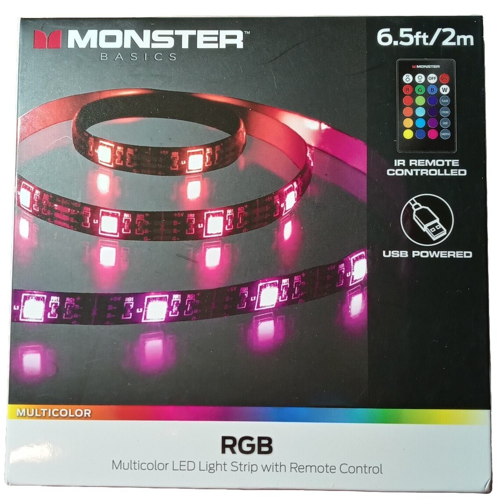 Monster Basics RGB Multicolor LED Light Strip Backlight 6.5ft 2m IR Remote USB