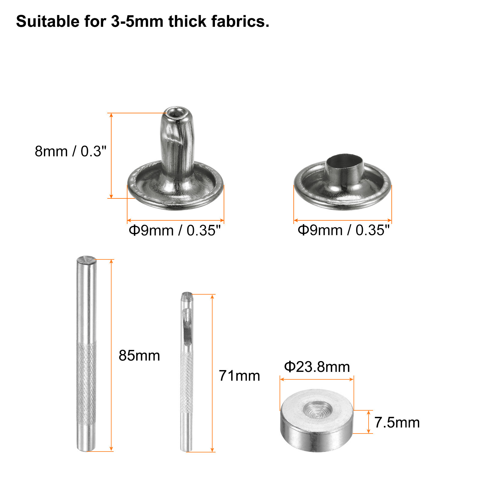 200 Sets Leather Rivets 9mm x 8mm Metal with 3 Setter Tools Gunmetal