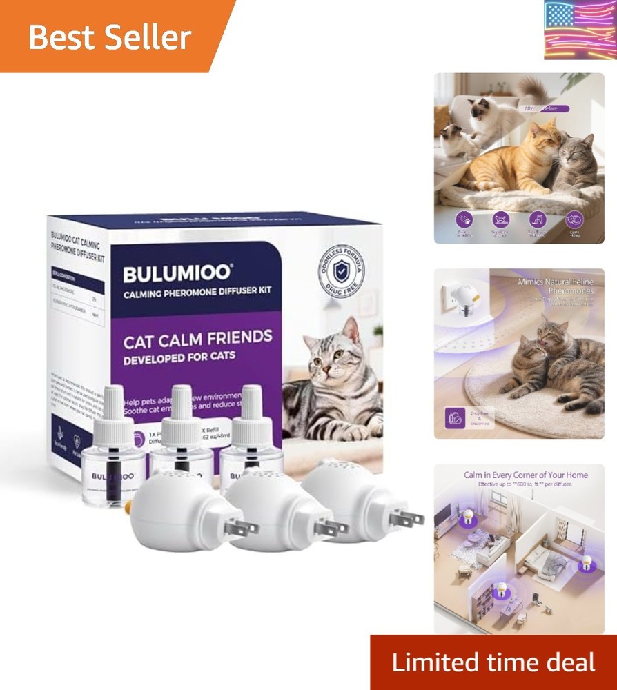 Cat Calming Pheromone Diffuser Set Whole Home 3-Pack – 3 Diffusers + 3 x 48ml...
