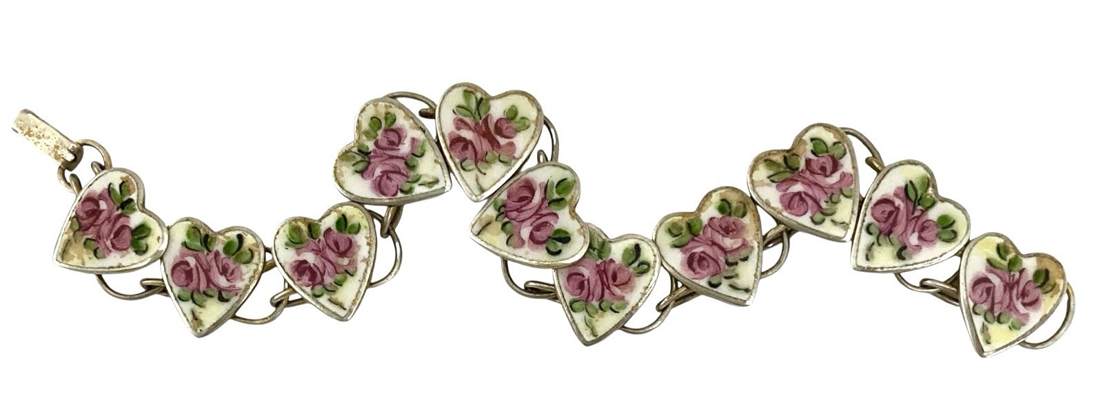 ANTIQUE ART DECO Sterling Gold Vermeil PINK ROSE SWEETHEART Link Bracelet