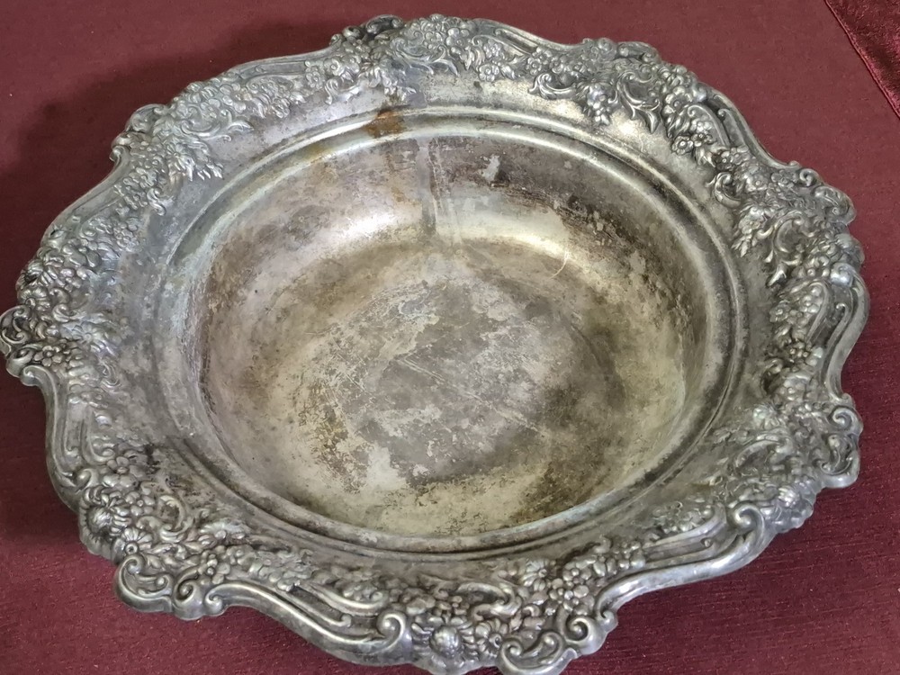 Silver Plate Decorative Serving Bowl With Floral Pattern Distressed